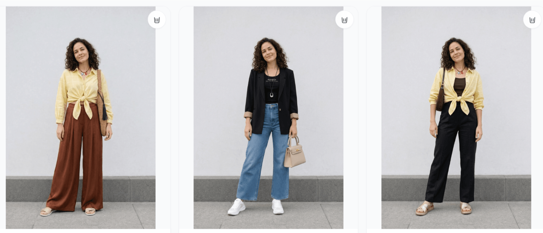 Three saved virtual try-ons showing different outfits on the same person