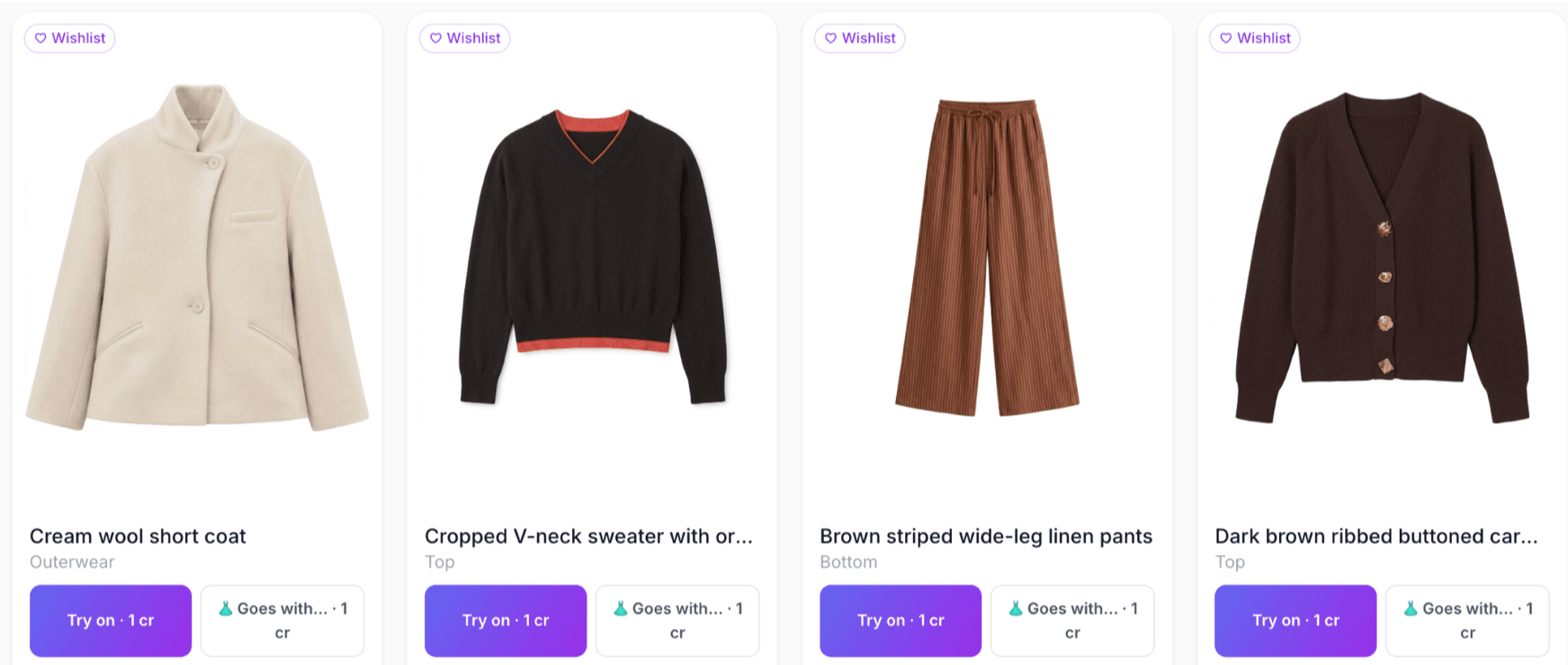 Wishlist with a cream coat, dark sweater, brown trousers and cardigan