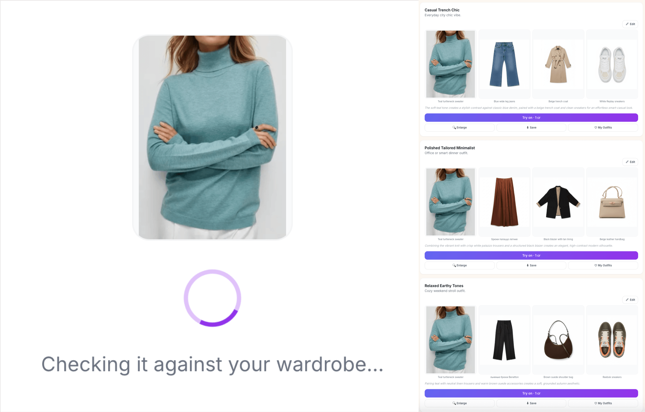 AI Stylist matching a teal sweater with pieces from a wardrobe to suggest three outfits