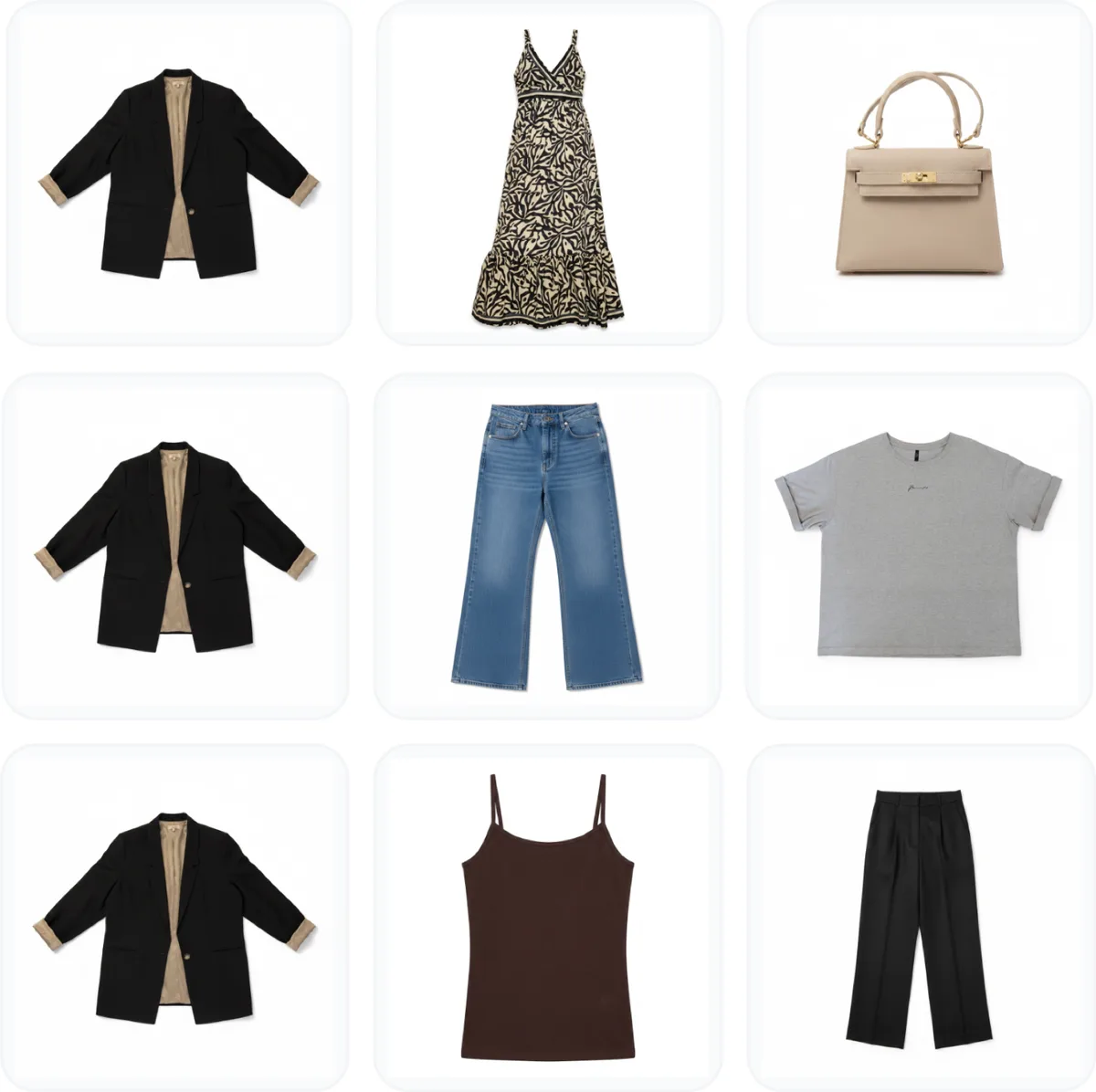 Nine outfits built from the same wardrobe pieces in different combinations