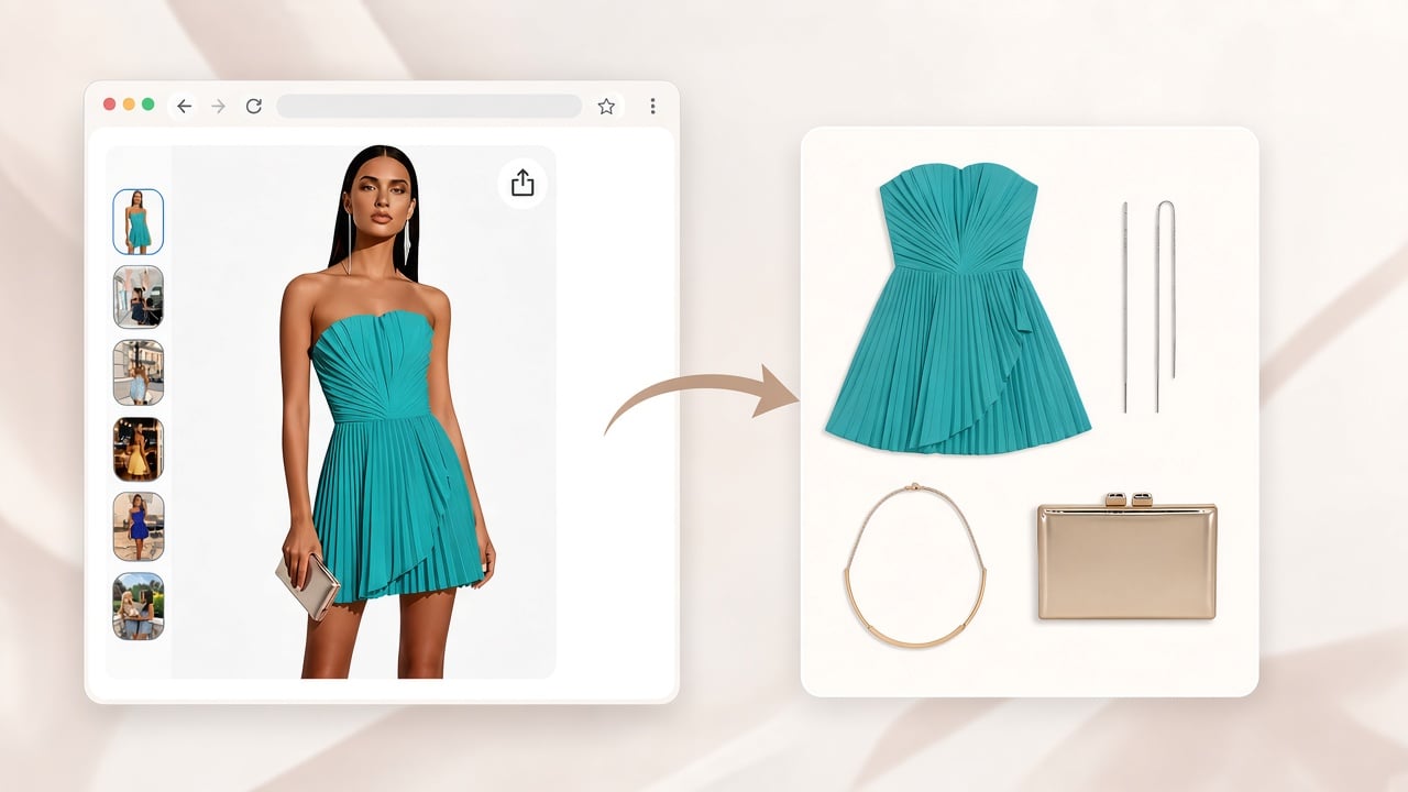A teal dress on a model becomes a flat lay with the dress, earrings, necklace and clutch
