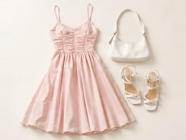 A pink summer dress with white sandals and a white bag