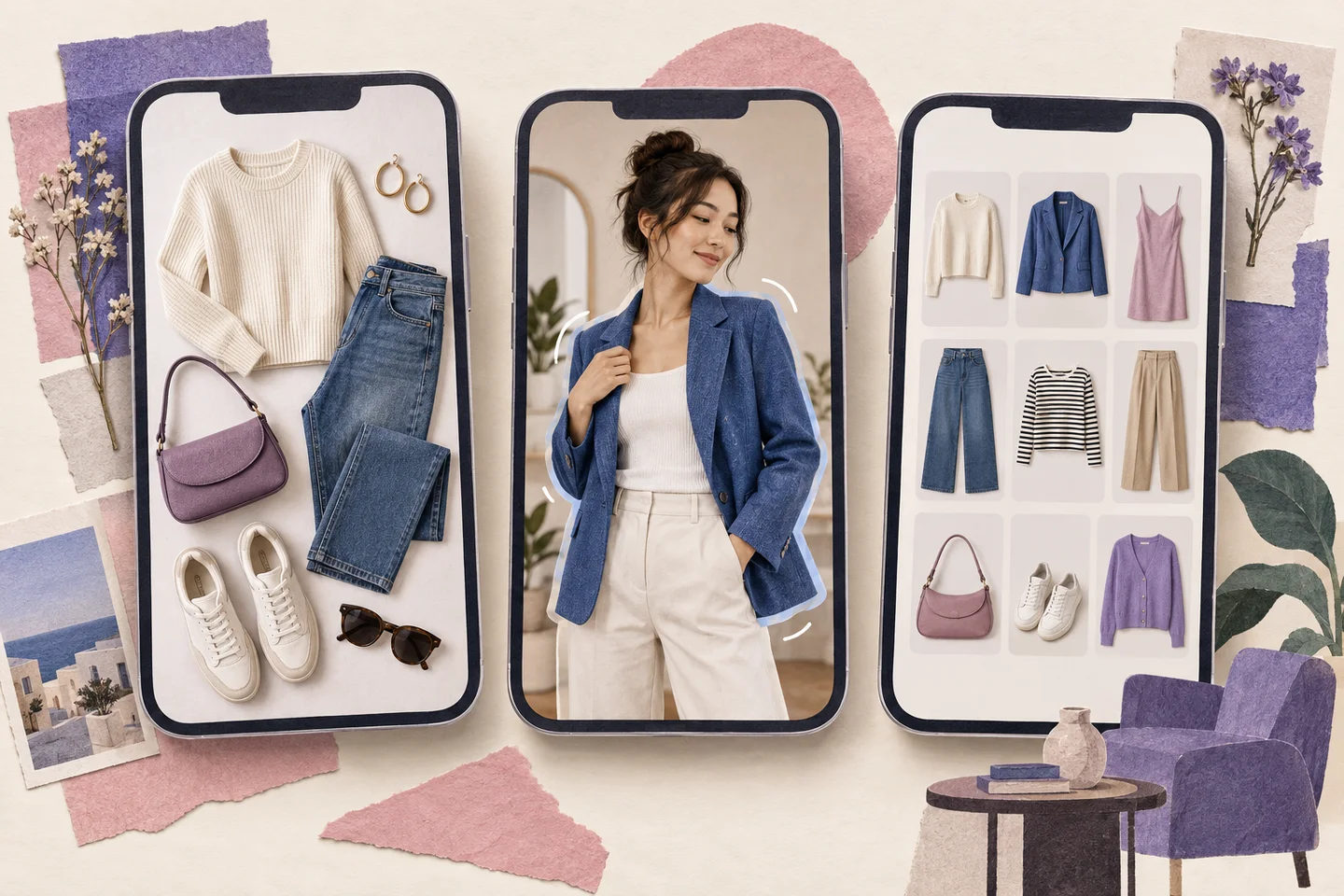 Editorial illustration of outfit boards, virtual try-on and wardrobe catalogues