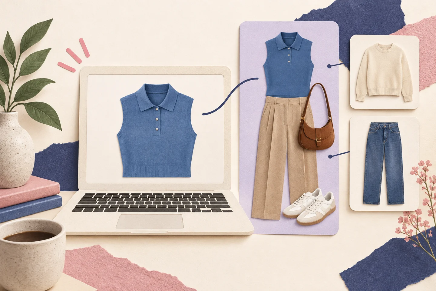 Illustration of a blue sleeveless polo with beige trousers, white sneakers and a brown bag