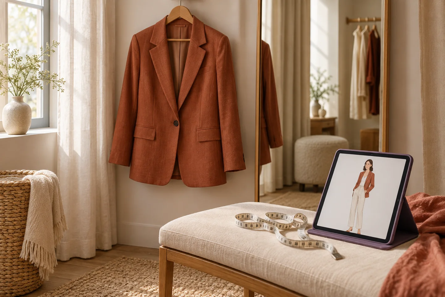 A terracotta blazer, fitting mirror, measuring tape and a tablet outfit preview