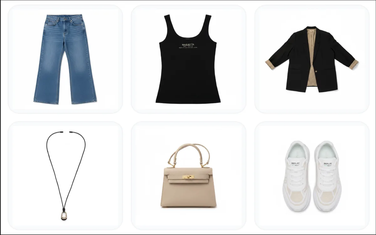 Six digitized wardrobe items, including clothing, shoes, a bag and a necklace