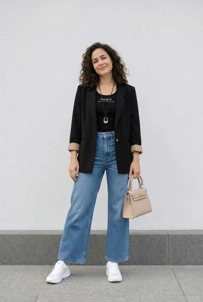 A full-body try-on with a black blazer, jeans, white sneakers and a beige handbag
