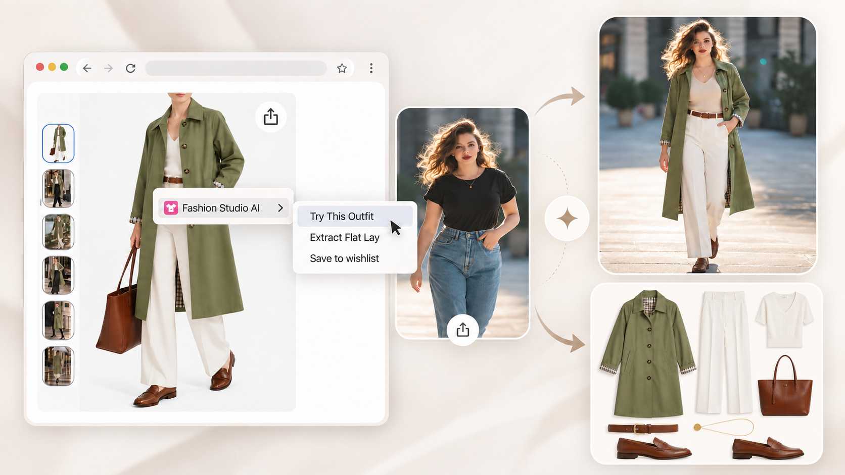Public illustration of a green-coat product page, a selected person photo, an AI try-on and a flat lay
