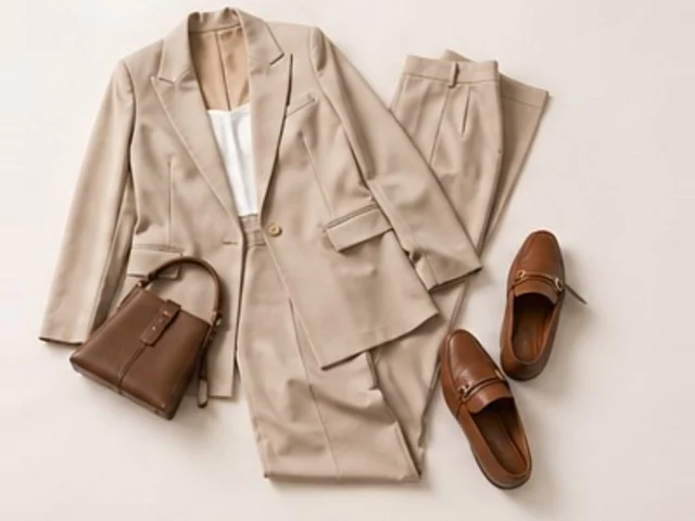 A beige blazer and trousers with a white top, brown bag and loafers