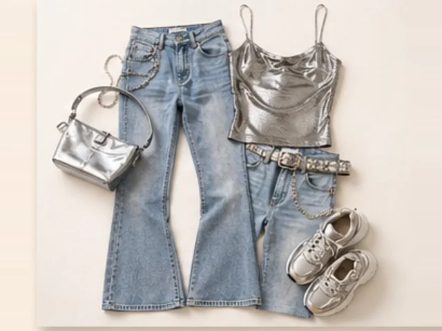 Public outfit example with flared jeans, a silver top, silver bag and trainers