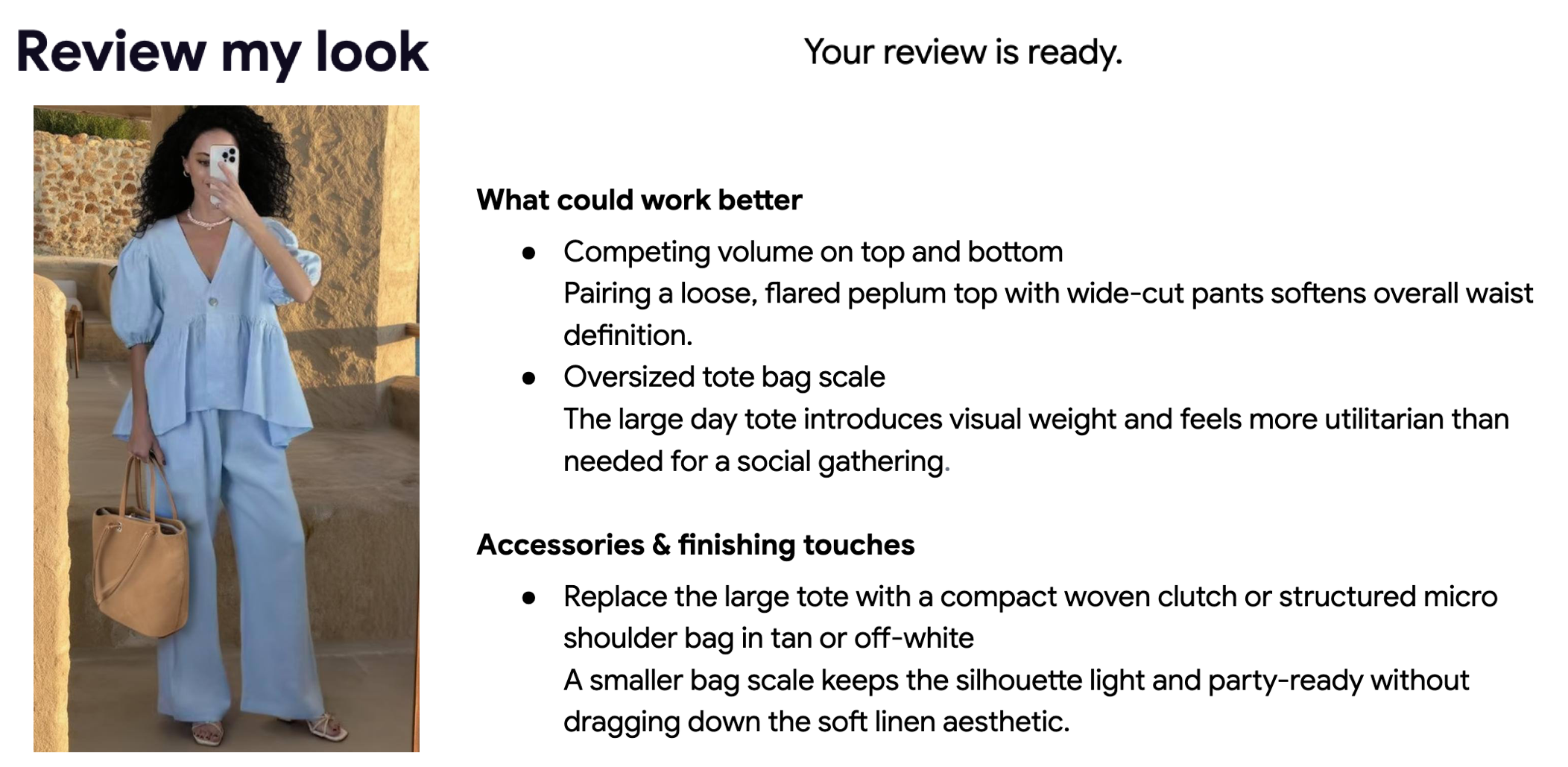 An outfit photo with a Review My Look assessment