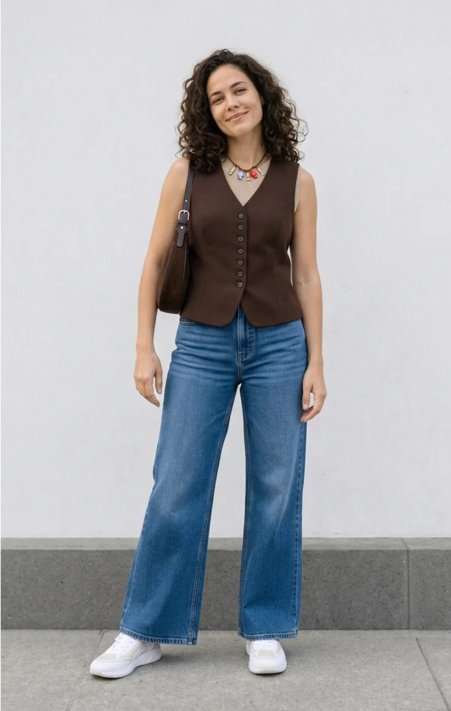 Existing AI try-on example with a brown vest, blue jeans, white sneakers and a brown shoulder bag
